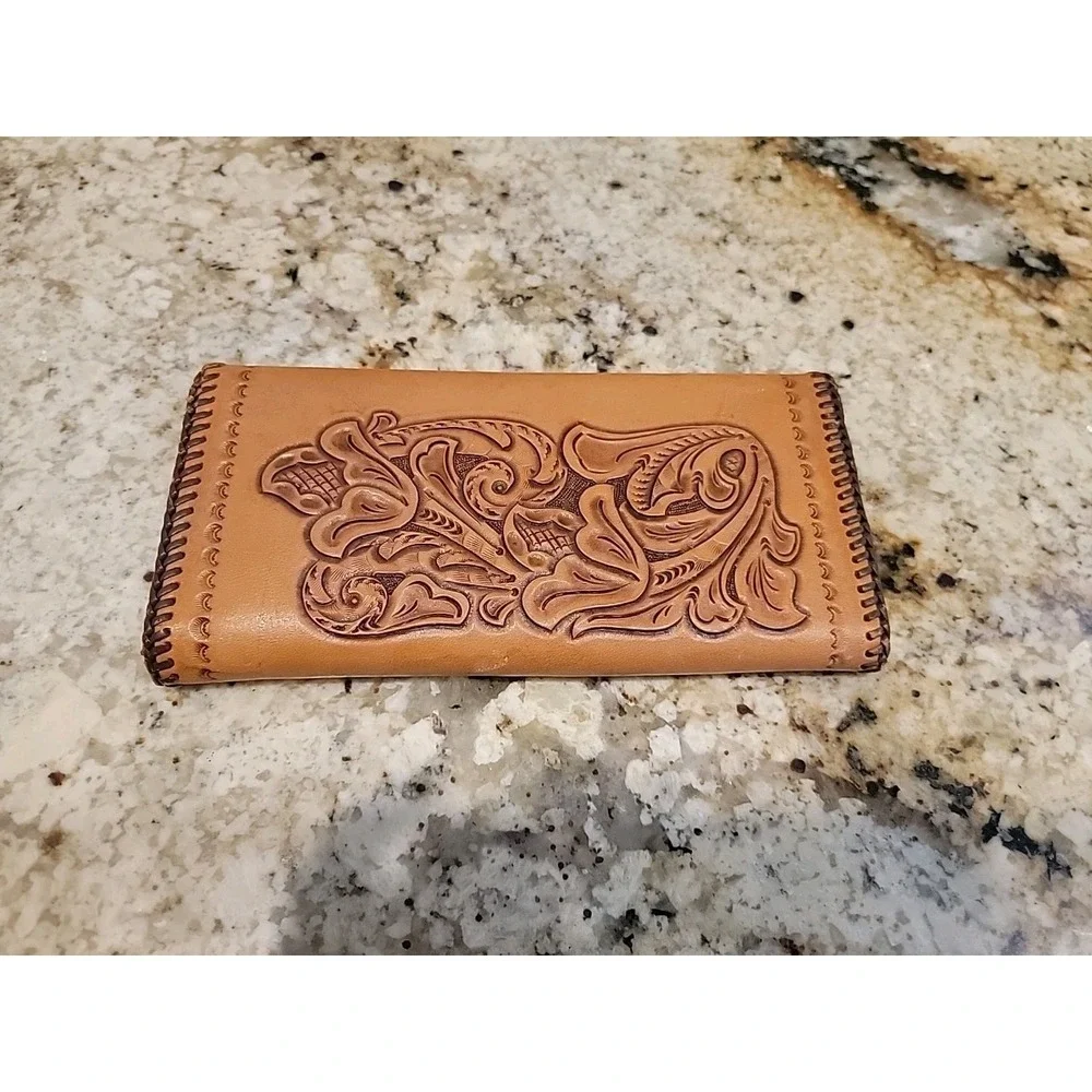 Vintage Hand Tooled Brown Leather Long Billfold Wallet Pocket Pearl Snaps